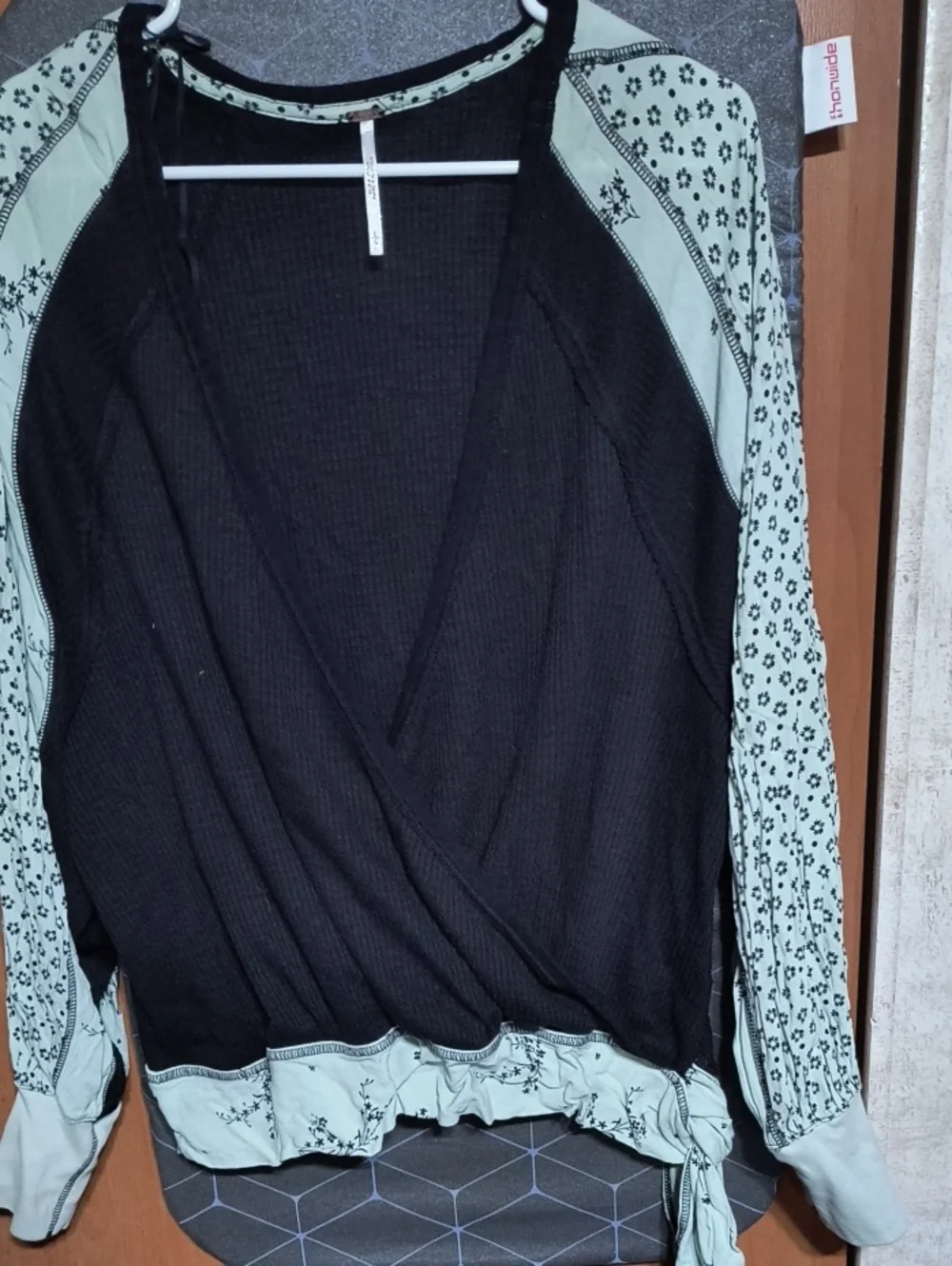 Free People Black Ribbed Top with Mint Floral Neck Trim